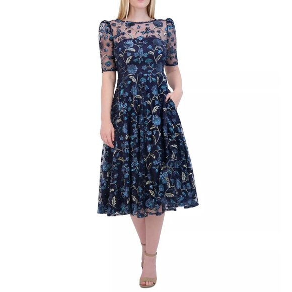 New Eliza J Dress 10 Navy Sequin Floral Embroidery Illusion Fit & Flare Midi NWT - Picture 14 of 14